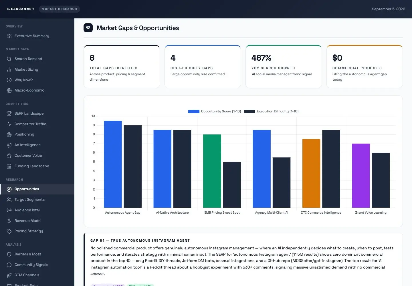 Sample report opportunity map, including the report header and section navigation.